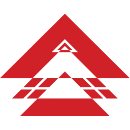 Red geometric logo featuring layered triangles and a central white shape, designed with a pixelated edge.
